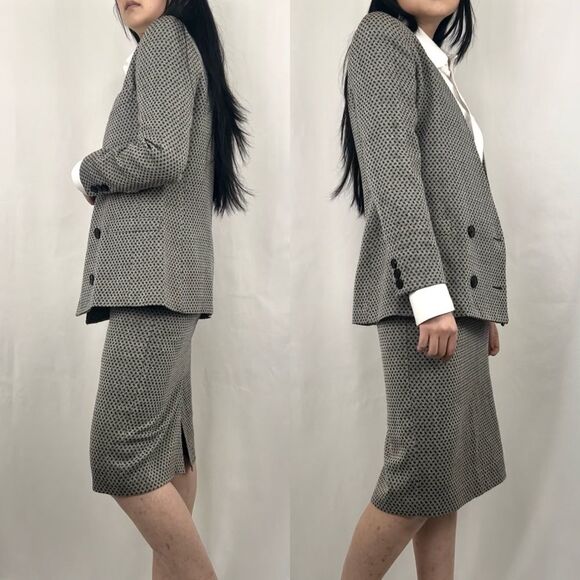 Vintage 80s 90s Christian Dior 100% Wool Monochrome Plaid Skirt Suit Set - Picture 3 of 10